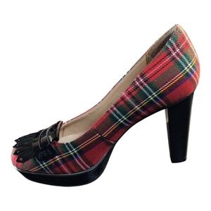 CNE Red and Black Plaid Loafers with Fringe Accents